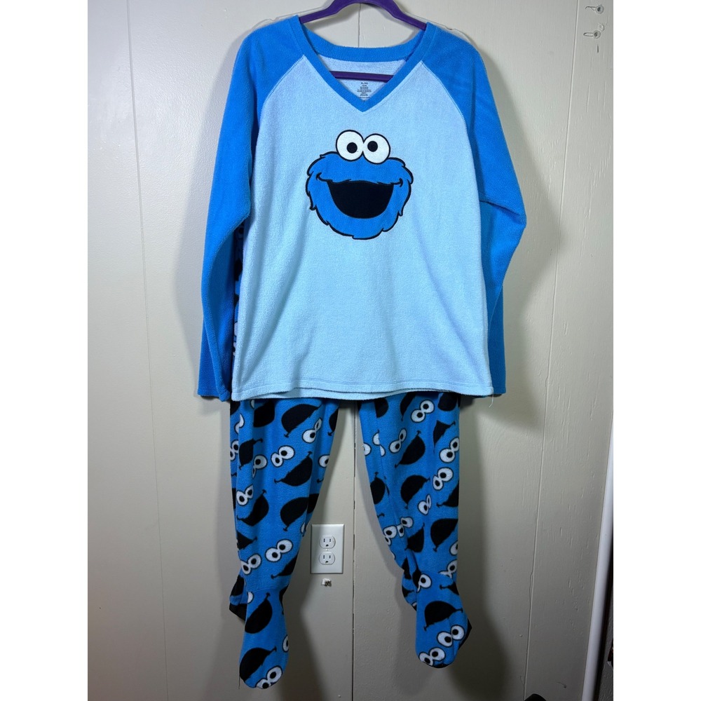 Sesame Street Cookie Monster Fleece Pajama Set XL 16/18 Blue Footed PJs Cozy